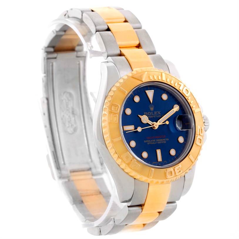 This image shows a Rolex Yacht-Master 68623 Men's Stainless Steel Blue Dial 68623 Men's Stainless Steel Blue Dial watch at an angled view, highlighting the face, bezel, and two-tone bracelet.