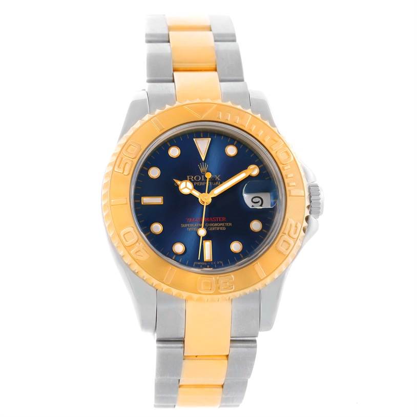 This image shows a front view of the Rolex Yacht-Master 68623 Men's Stainless Steel Blue Dial 68623 Men's Stainless Steel Blue Dial watch, highlighting its dial, bezel, and bracelet.