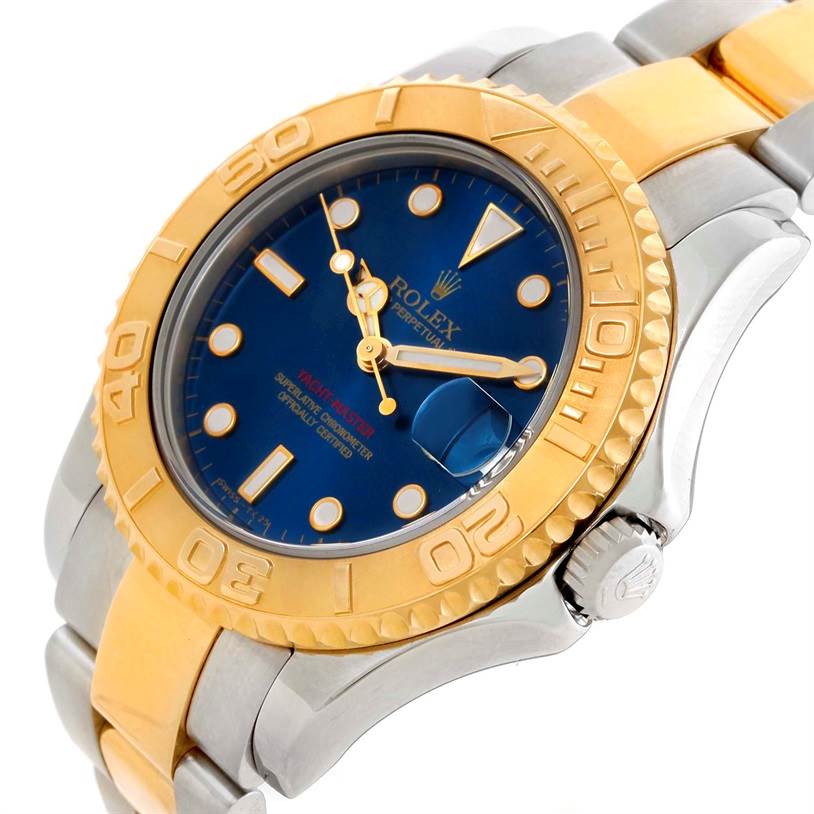 The Rolex Yacht-Master 68623 Men's Stainless Steel Blue Dial 68623 Men's Stainless Steel Blue Dial watch is shown at an angled view, highlighting its gold bezel, blue dial, and two-tone bracelet.