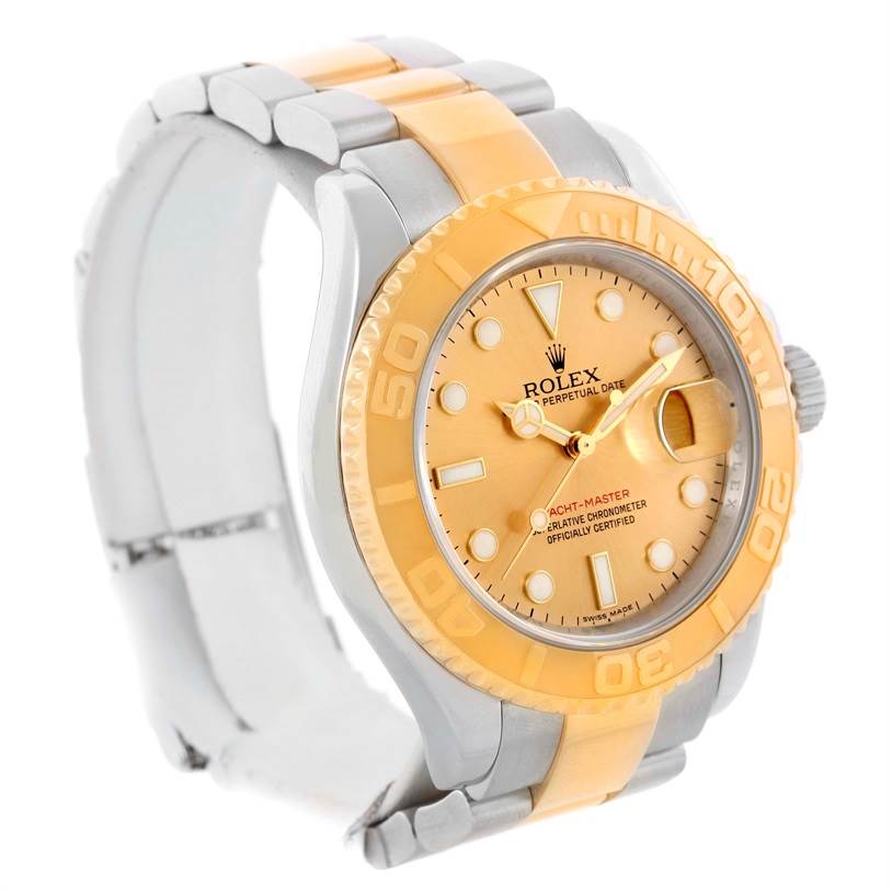 This image shows a side angle of a Rolex Yacht-Master 16623 Men's Stainless Steel Champagne Dial 16623 Men's Stainless Steel Champagne Dial watch, highlighting its bezel, dial, and portion of the bracelet.