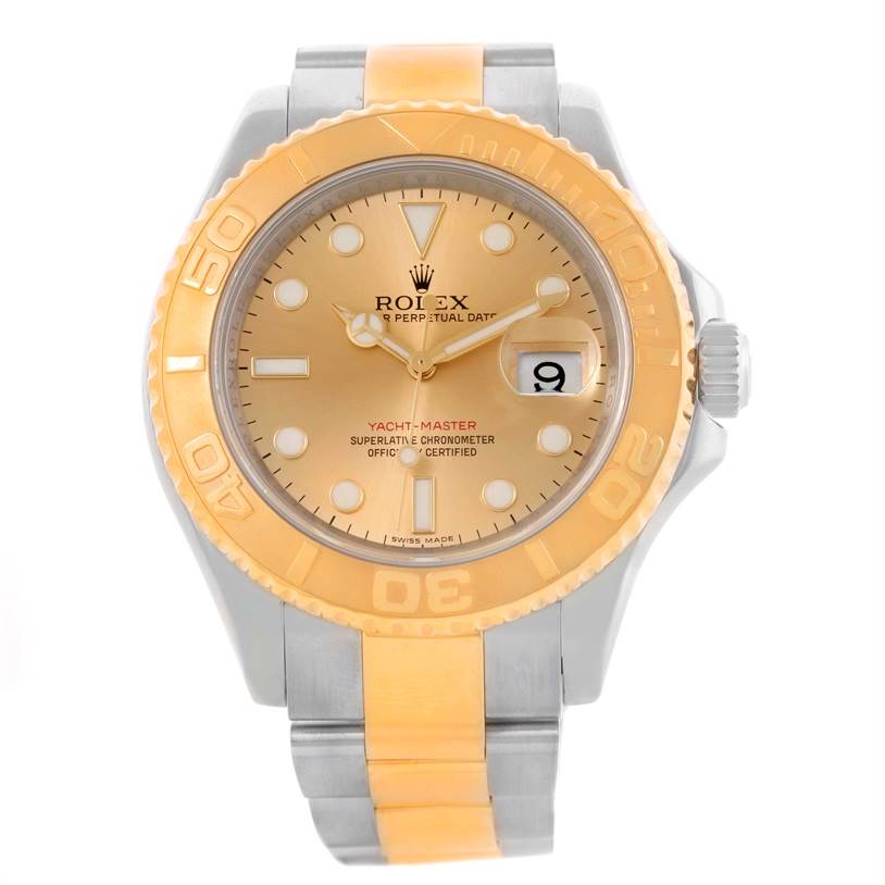 This image shows a frontal view of a Rolex Yacht-Master 16623 Men's Stainless Steel Champagne Dial 16623 Men's Stainless Steel Champagne Dial watch, highlighting its dial, bezel, and bracelet.