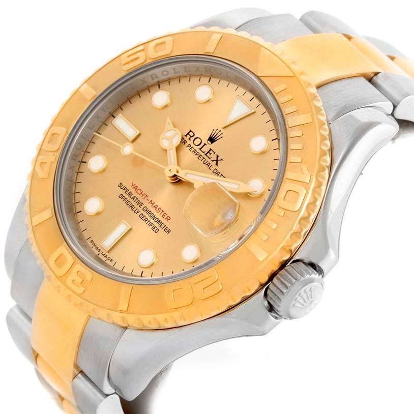 The image shows a Rolex Yacht-Master 16623 Men's Stainless Steel Champagne Dial 16623 Men's Stainless Steel Champagne Dial watch at an angle highlighting the dial, bezel, crown, and part of the bracelet.