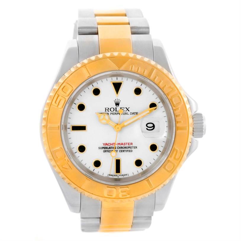This image shows a front view of a Rolex Yacht-Master 16623 Men's Stainless Steel White Dial 16623 Men's Stainless Steel White Dial watch, highlighting its dial, bezel, and bracelet.