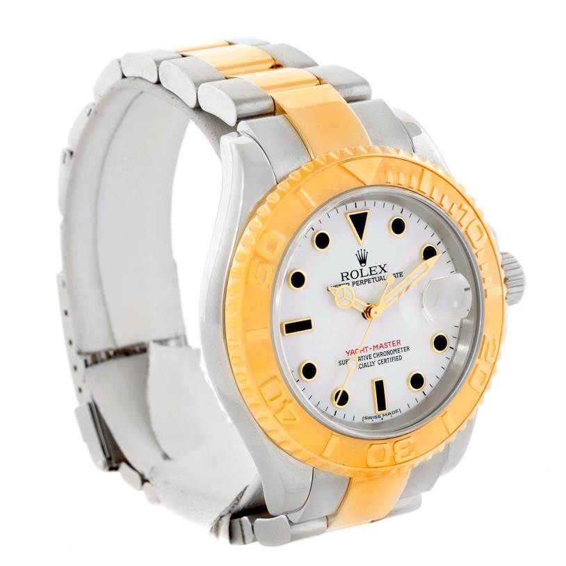 The Rolex Yacht-Master 16623 Men's Stainless Steel White Dial 16623 Men's Stainless Steel White Dial watch is shown at a slight angle from the front, showcasing the dial, bezel, and part of the bracelet.