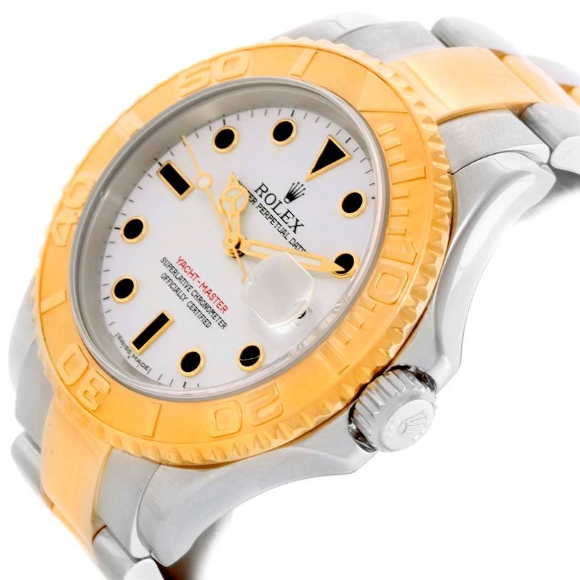 The Rolex Yacht-Master 16623 Men's Stainless Steel White Dial 16623 Men's Stainless Steel White Dial watch is shown at an angle highlighting the dial, bezel, and part of the bracelet.