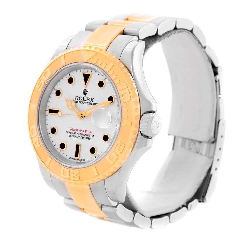 The Rolex Yacht-Master 16623 Men's Stainless Steel White Dial 16623 Men's Stainless Steel White Dial watch is shown from an angled front view, displaying its face, bezel, crown, and part of the bracelet.