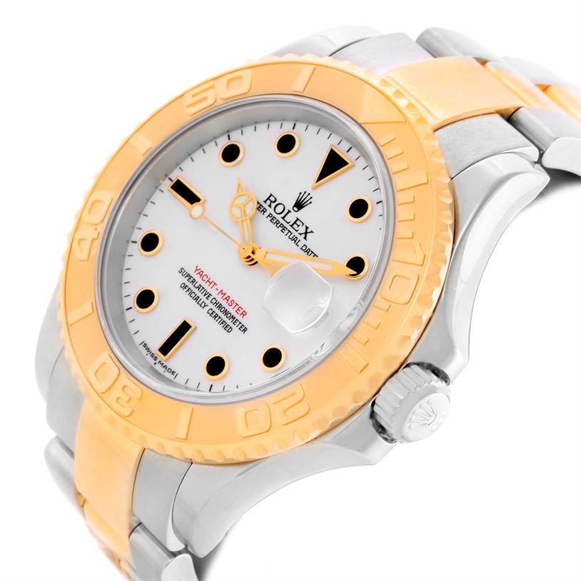 This image shows a side/front angle of the Rolex Yacht-Master 16623 Men's Stainless Steel White Dial 16623 Men's Stainless Steel White Dial watch, highlighting its dial, bezel, and part of the bracelet.