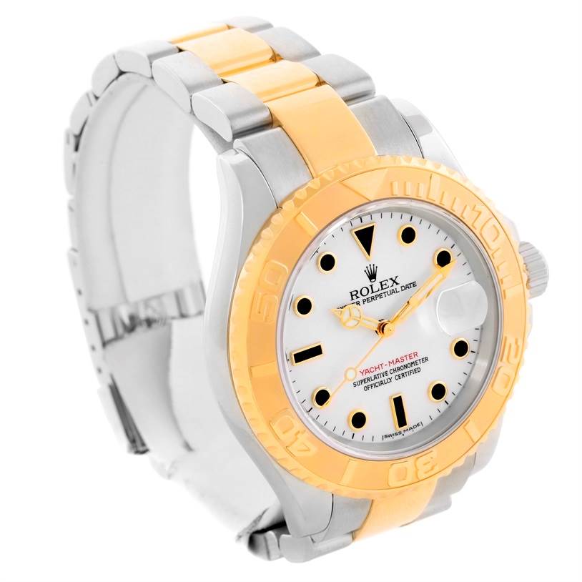 The Rolex Yacht-Master 16623 Men's Stainless Steel White Dial 16623 Men's Stainless Steel White Dial watch is shown at a three-quarter angle, highlighting its face, bezel, and bracelet.