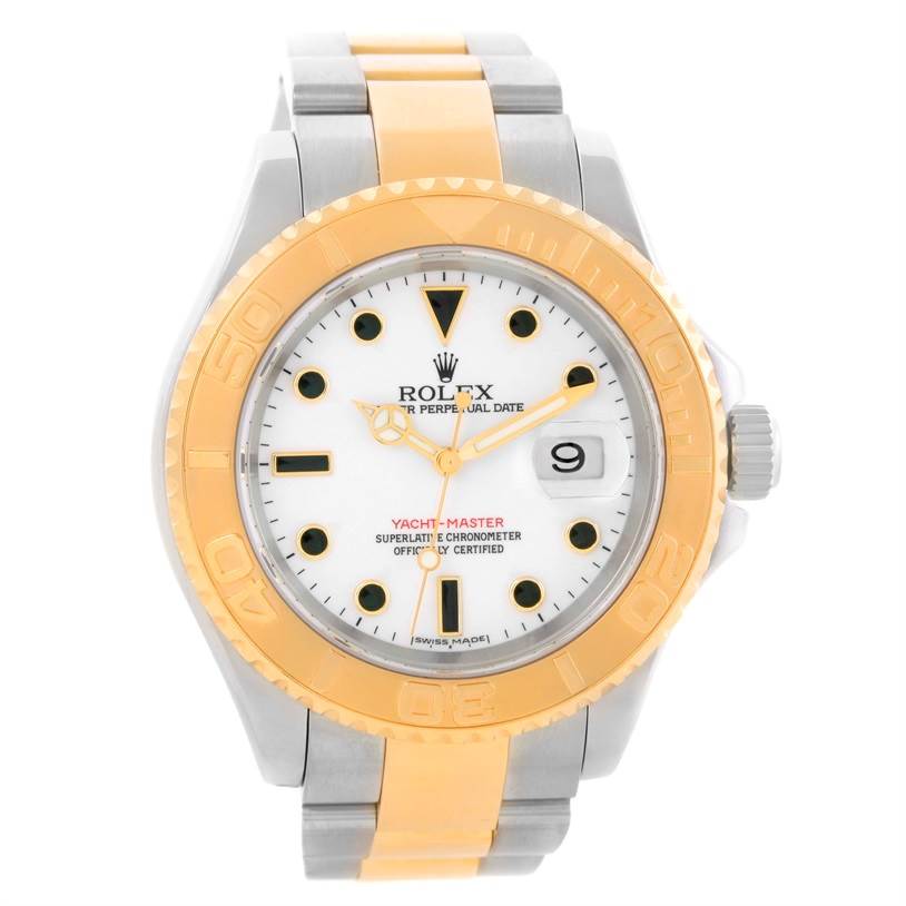 The Rolex Yacht-Master 16623 Men's Stainless Steel White Dial 16623 Men's Stainless Steel White Dial watch is shown from the front, displaying its dial, bezel, and bracelet.