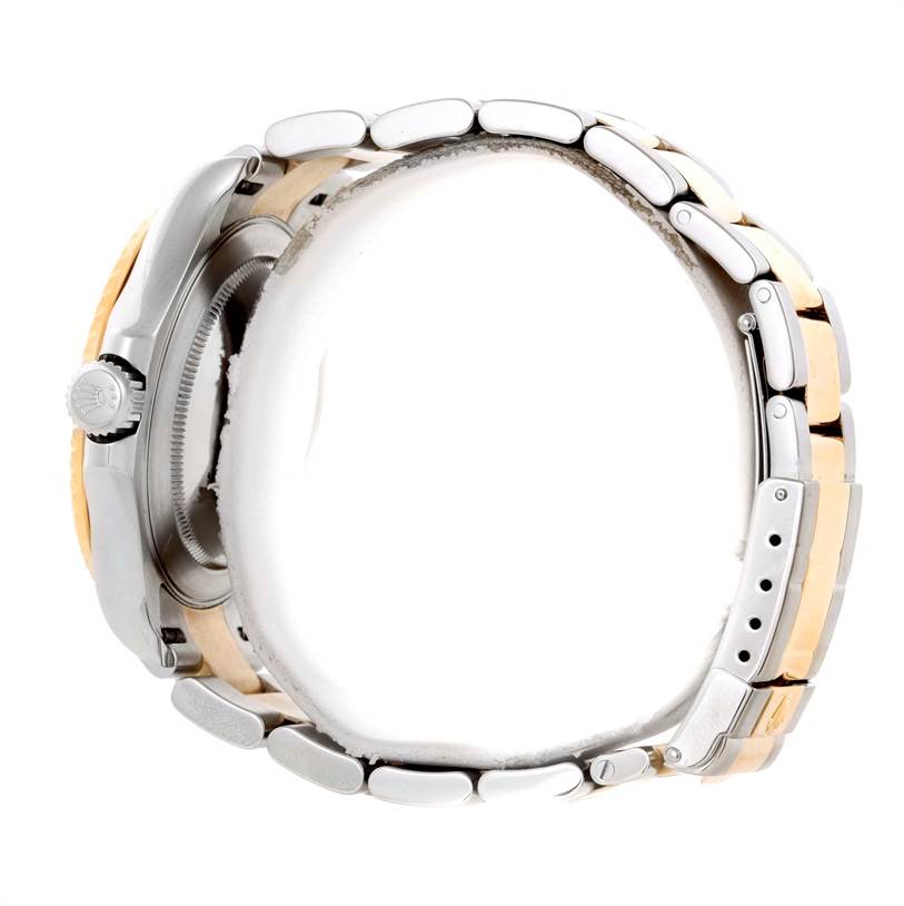 This side view shows the clasp and bracelet of the Rolex Yacht-Master 16623 Men's Stainless Steel White Dial 16623 Men's Stainless Steel White Dial watch, highlighting its two-tone design.