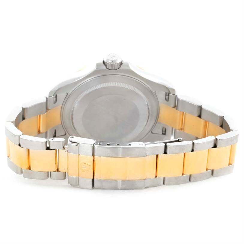 The Rolex Yacht-Master 16623 Men's Stainless Steel White Dial 16623 Men's Stainless Steel White Dial watch is shown from the rear, highlighting its two-tone metal bracelet and closed case back.