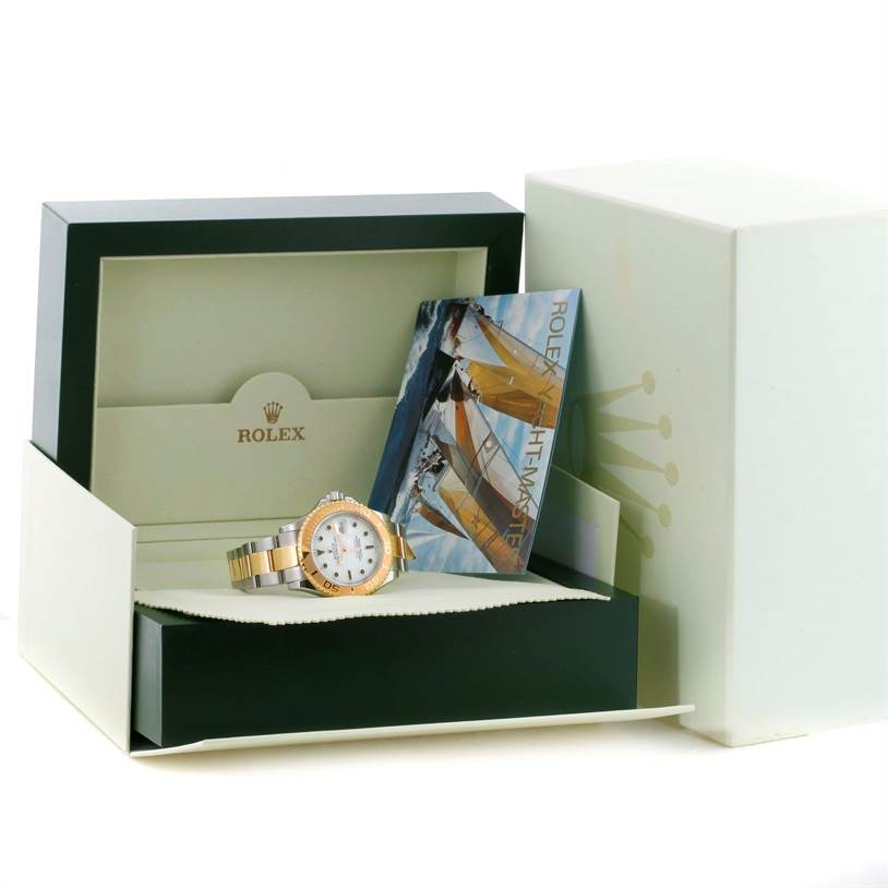 The image shows a Rolex Yacht-Master 16623 Men's Stainless Steel White Dial 16623 Men's Stainless Steel White Dial watch with its box, warranty card, and booklet, displayed from a front angle.