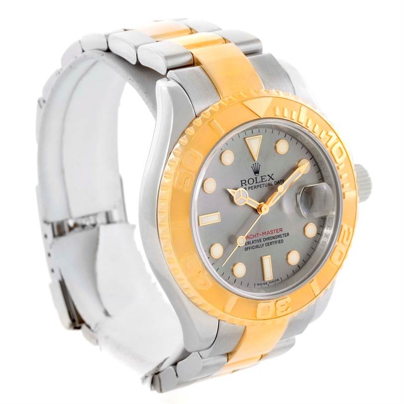 This image shows a Rolex Yacht-Master 16623 Men's Stainless Steel Grey Dial 16623 Men's Stainless Steel Grey Dial watch at a front-angle view, highlighting the dial, bezel, and bracelet.