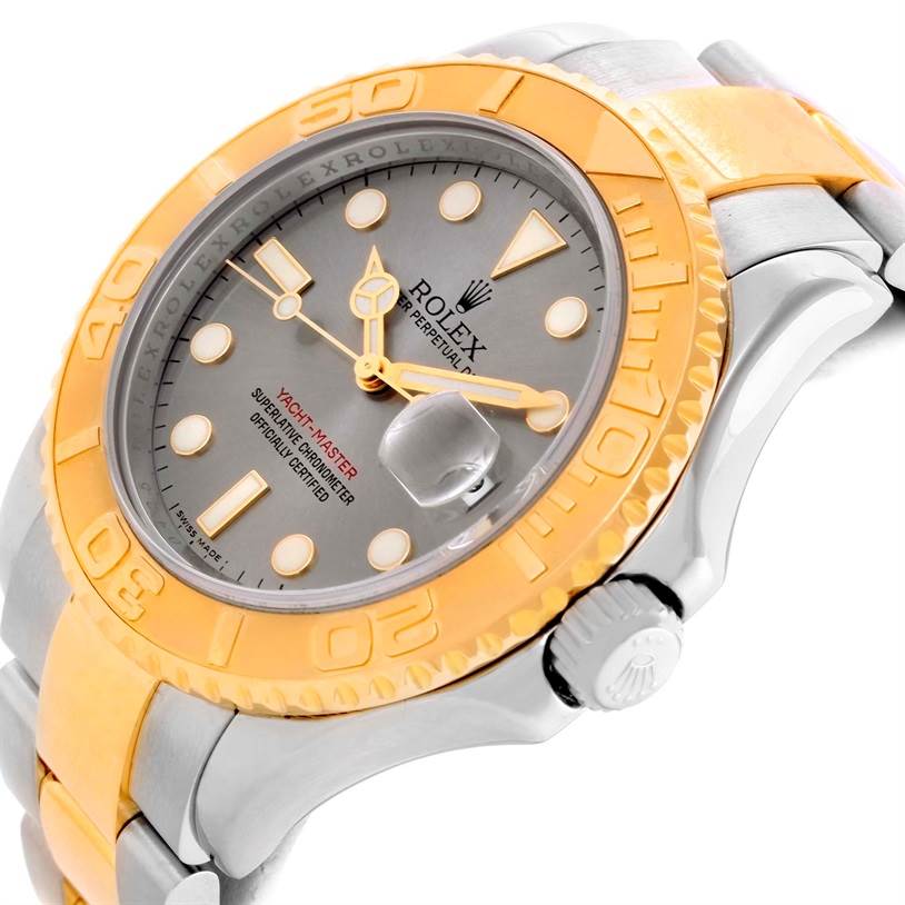 The image shows a side angle of the Rolex Yacht-Master 16623 Men's Stainless Steel Grey Dial 16623 Men's Stainless Steel Grey Dial watch, highlighting the dial, bezel, and bracelet.