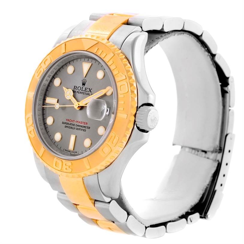 The Rolex Yacht-Master 16623 Men's Stainless Steel Grey Dial 16623 Men's Stainless Steel Grey Dial watch is shown at a three-quarter angle, highlighting the face, bezel, and part of the bracelet.