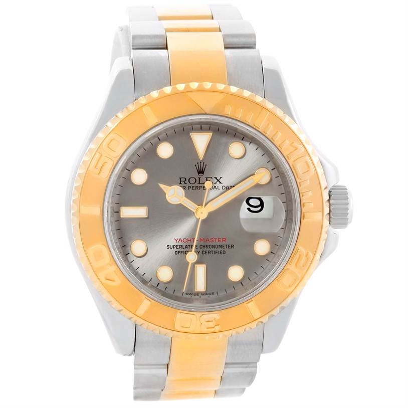 Front angle of the Rolex Yacht-Master 16623 Men's Stainless Steel Grey Dial 16623 Men's Stainless Steel Grey Dial watch displaying the face, bezel, crown, dial, hands, and bracelet.