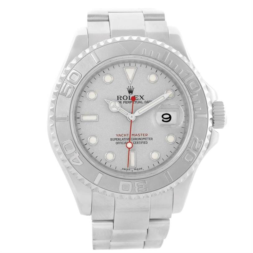 This image shows a front view of the Rolex Yacht-Master 16622 Men's Stainless Steel Silver Dial 16622 Men's Stainless Steel Silver Dial watch, highlighting its dial, bezel, case, and bracelet.
