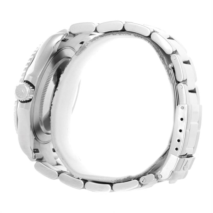 This image shows a side view of the Rolex Yacht-Master 16622 Men's Stainless Steel Silver Dial 16622 Men's Stainless Steel Silver Dial watch, highlighting its crown, case, and bracelet.