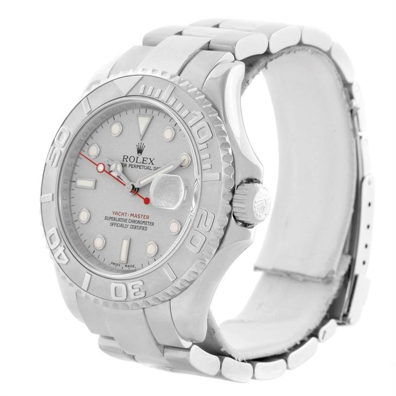 The image shows a Rolex Yacht-Master 16622 Men's Stainless Steel Silver Dial 16622 Men's Stainless Steel Silver Dial watch from a three-quarter right angle, displaying the face, bezel, crown, and bracelet.