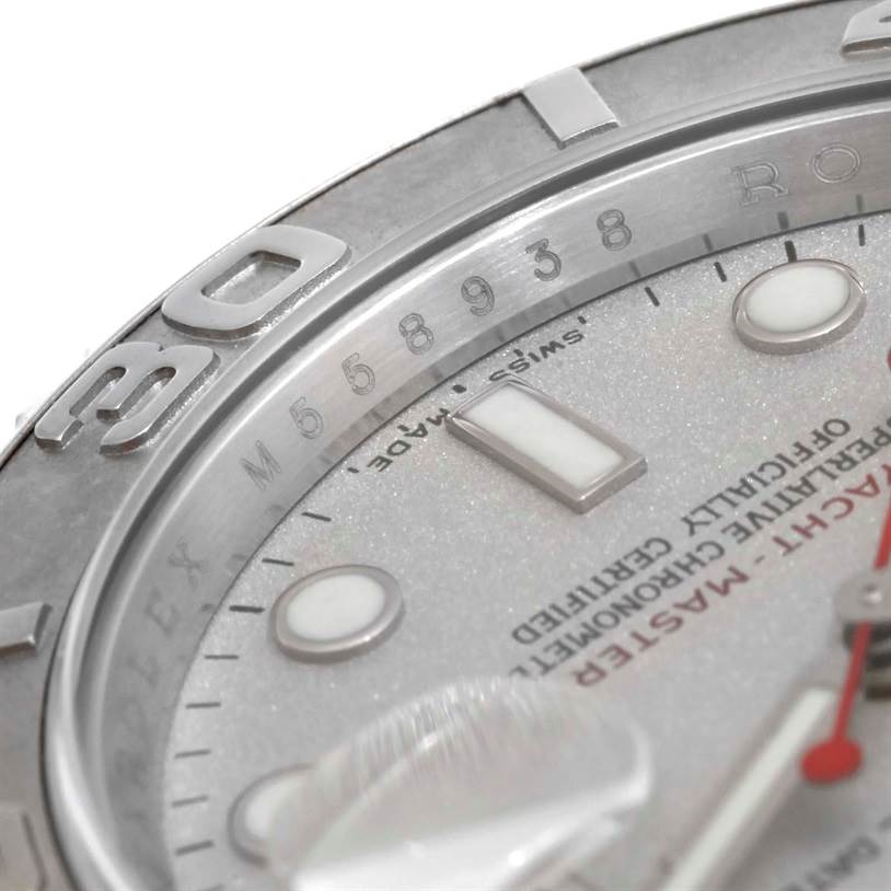 This close-up image shows the bezel and part of the dial of a Rolex Yacht-Master 16622 Men's Stainless Steel Silver Dial 16622 Men's Stainless Steel Silver Dial watch.