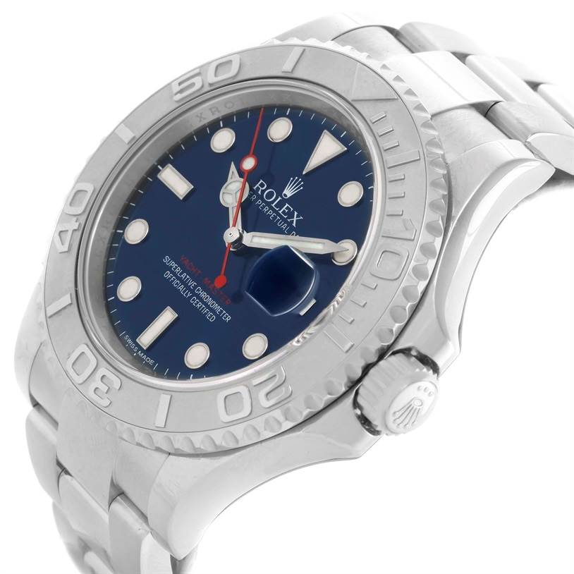 This image shows the Rolex Yacht-Master 116622 Men's Stainless Steel Blue Dial 116622 Men's Stainless Steel Blue Dial watch at an angled side view, highlighting the bezel, dial, and part of the bracelet.