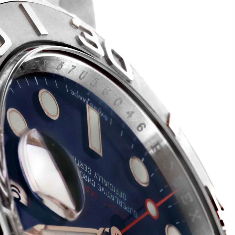 The image shows a close-up angle of the dial, bezel, and cyclops lens of the Rolex Yacht-Master 116622 Men's Stainless Steel Blue Dial 116622 Men's Stainless Steel Blue Dial watch.