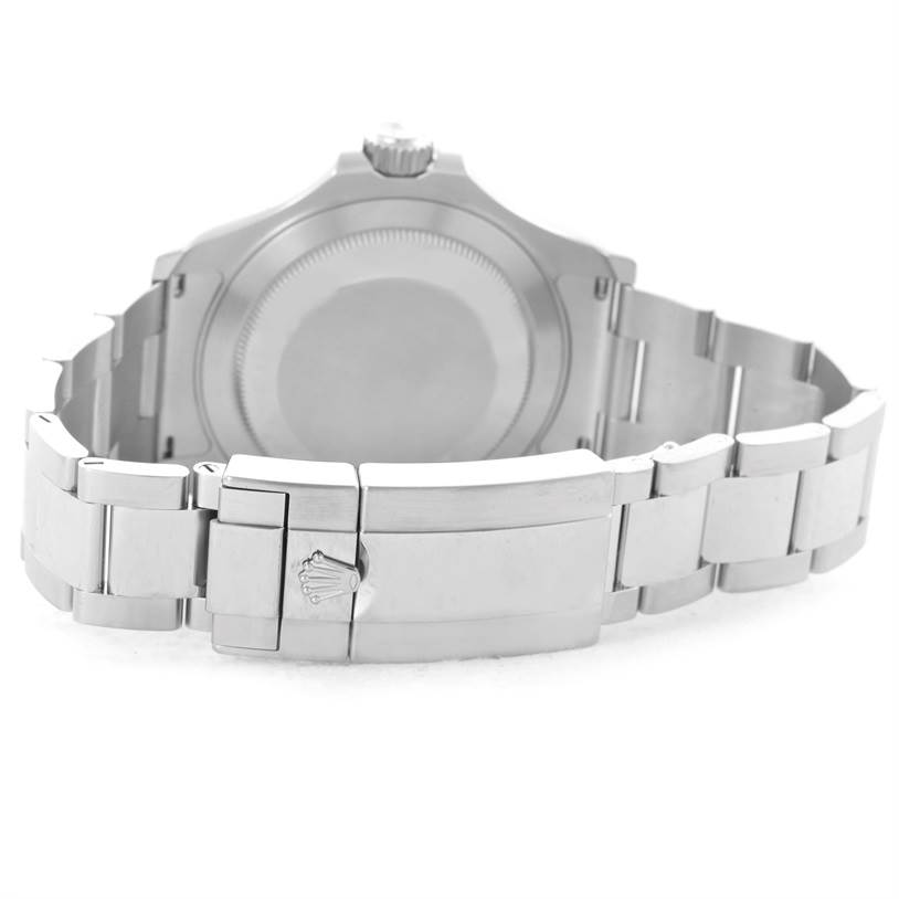 The image shows the back and clasp of a Rolex Yacht-Master 116622 Men's Stainless Steel Blue Dial 116622 Men's Stainless Steel Blue Dial watch at an angle highlighting its metal bracelet.