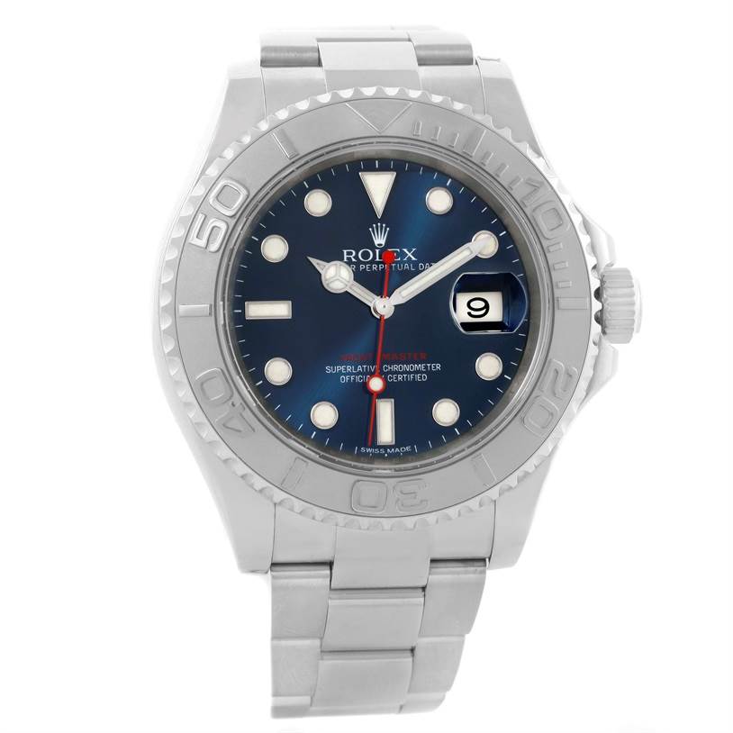 The image shows a front view of a Rolex Yacht-Master 116622 Men's Stainless Steel Blue Dial 116622 Men's Stainless Steel Blue Dial watch, displaying the dial, bezel, and bracelet.