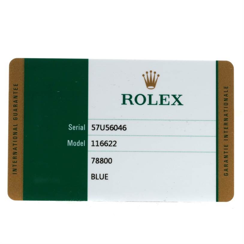 This image shows the warranty card for the Rolex Yacht-Master 116622 Men's Stainless Steel Blue Dial 116622 Men's Stainless Steel Blue Dial model 116622, displaying serial number 57U56046 and other details.