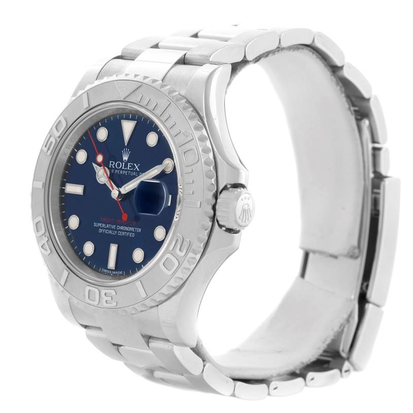 The image shows a Rolex Yacht-Master 116622 Men's Stainless Steel Blue Dial 116622 Men's Stainless Steel Blue Dial watch from a front angle, displaying the face, crown, and part of the bracelet.