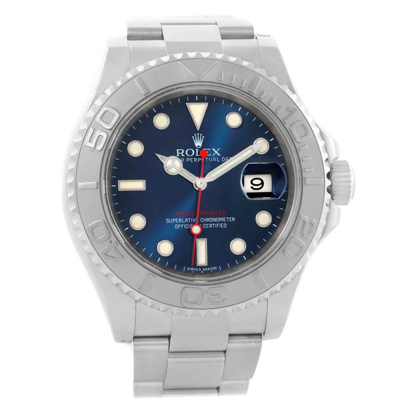 The image shows a front view of the Rolex Yacht-Master 116622 Men's Stainless Steel Blue Dial 116622 Men's Stainless Steel Blue Dial watch, highlighting the dial, bezel, bracelet, and crown.