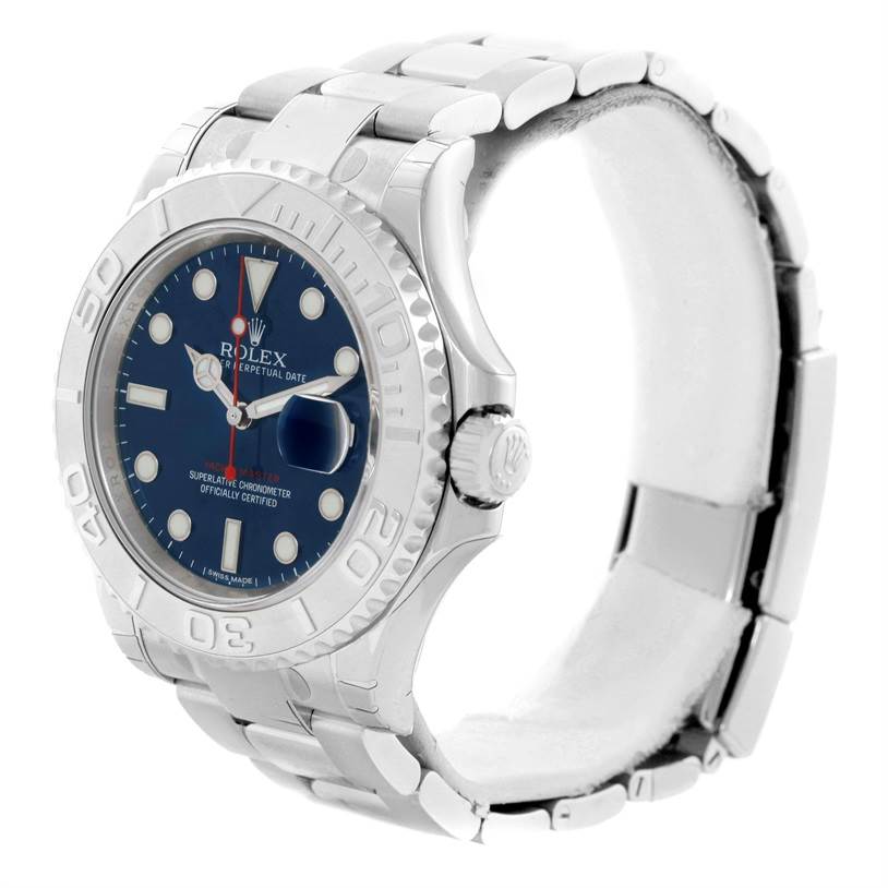 This image shows a Rolex Yacht-Master 116622 Men's Stainless Steel Blue Dial 116622 Men's Stainless Steel Blue Dial watch from a front-left angle, displaying its bezel, dial, bracelet, and crown.