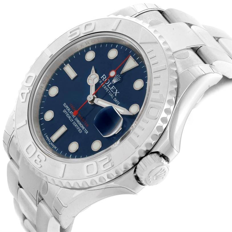 The Rolex Yacht-Master 116622 Men's Stainless Steel Blue Dial 116622 Men's Stainless Steel Blue Dial watch is shown at a slight angle showcasing its blue dial, bezel, and part of the bracelet.