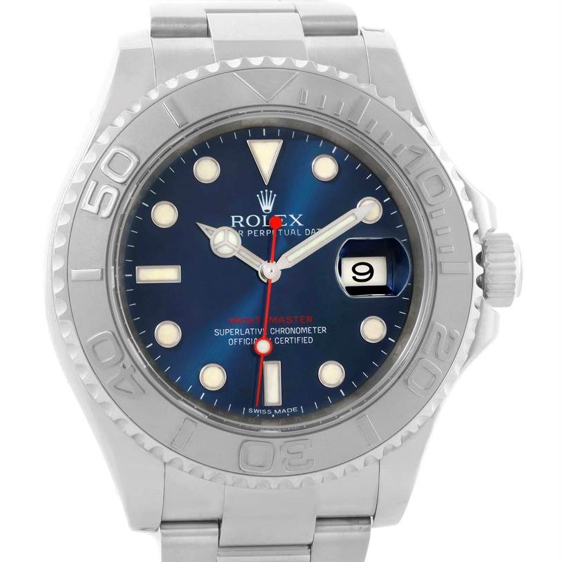 The Rolex Yacht-Master 116622 Men's Stainless Steel Blue Dial 116622 Men's Stainless Steel Blue Dial watch is shown from a frontal angle, displaying the face, bezel, and part of the bracelet.