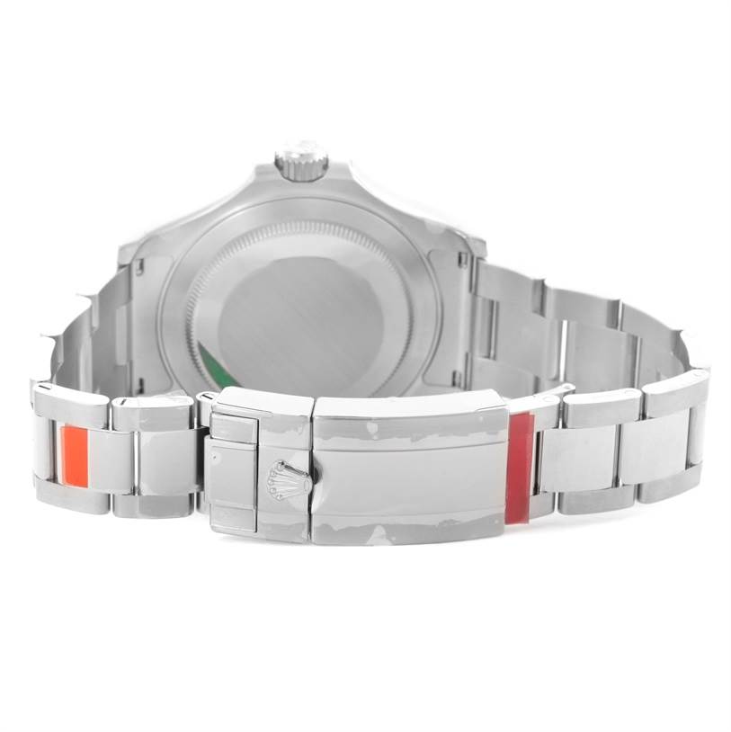 This Rolex Yacht-Master 116622 Men's Stainless Steel Blue Dial 116622 Men's Stainless Steel Blue Dial watch is shown from the back, highlighting the case and metal bracelet with a closed clasp.