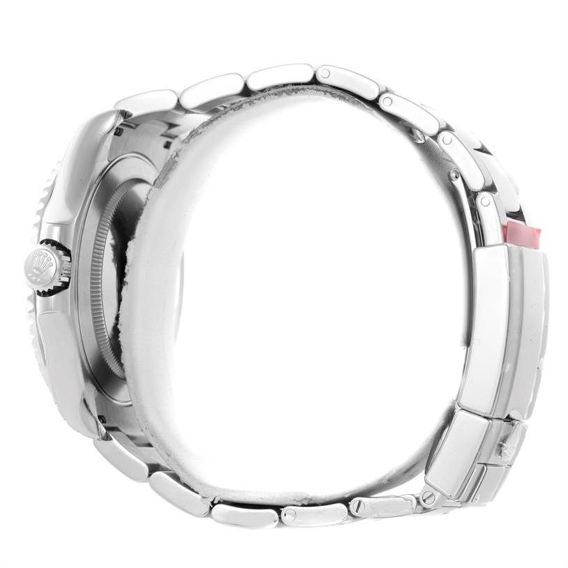 The Rolex Yacht-Master 116622 Men's Stainless Steel Blue Dial 116622 Men's Stainless Steel Blue Dial watch is shown from the side, highlighting the crown, case, and metal bracelet.