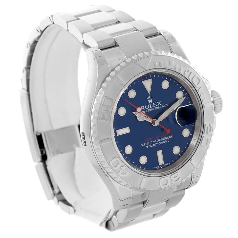 The image shows a Rolex Yacht-Master 116622 Men's Stainless Steel Blue Dial 116622 Men's Stainless Steel Blue Dial watch from an angled view, highlighting the face, bezel, and part of the bracelet.