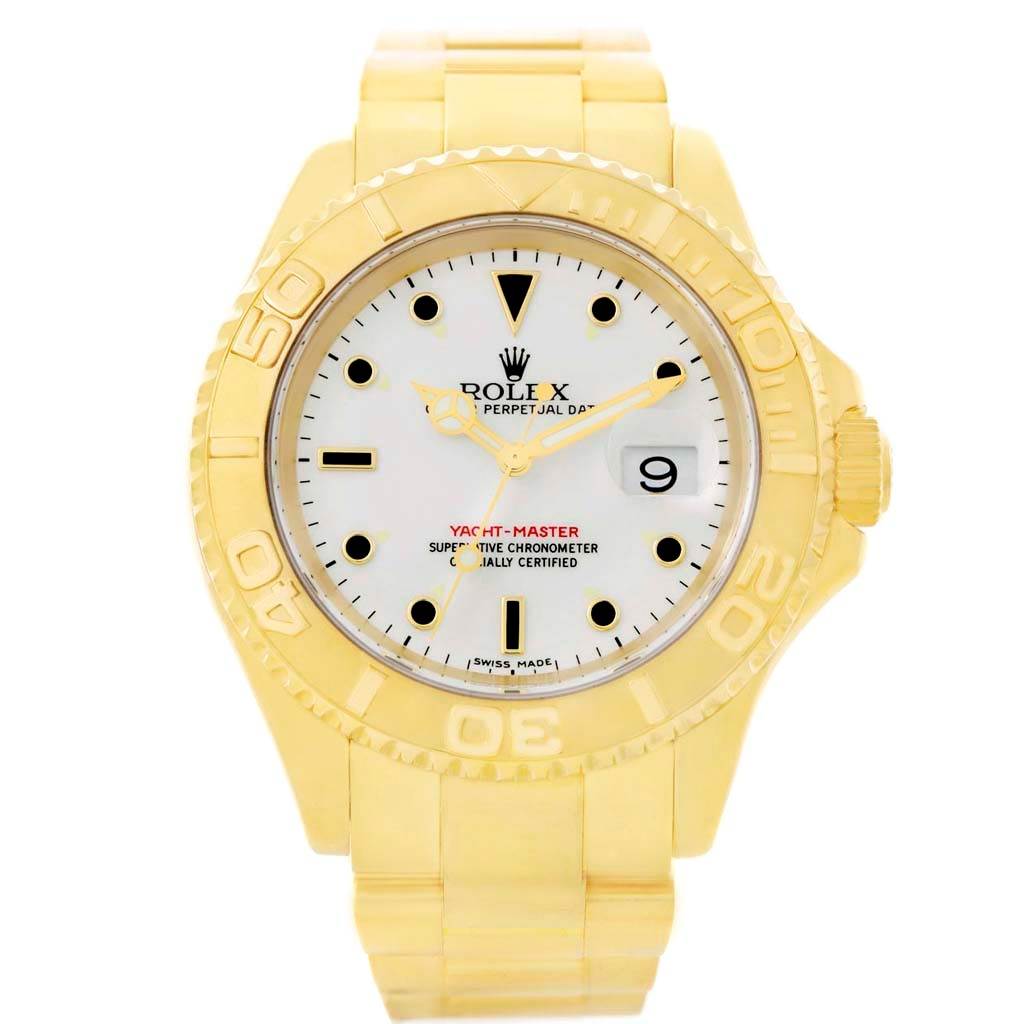 This image shows a front-facing view of a Rolex Yacht-Master 16628 Men's Yellow Gold White Dial 16628 Men's Yellow Gold White Dial watch, highlighting its dial, bezel, and bracelet.