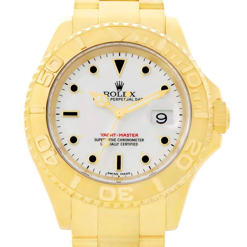 Rolex Yachtmaster Mens 18K Yellow Gold White Dial Watch 16628 SwissWatchExpo