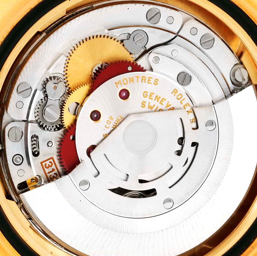 The image shows a close-up of the movement and internal mechanics of a Rolex Yacht-Master 16628 Men's Yellow Gold White Dial 16628 Men's Yellow Gold White Dial watch.