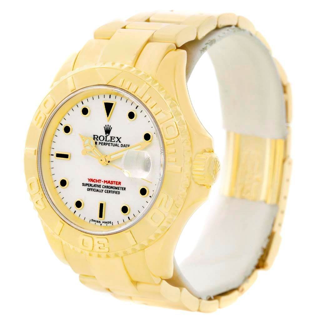 The image shows a frontal view of the Rolex Yacht-Master 16628 Men's Yellow Gold White Dial 16628 Men's Yellow Gold White Dial watch, capturing the dial, bezel, and part of the bracelet.