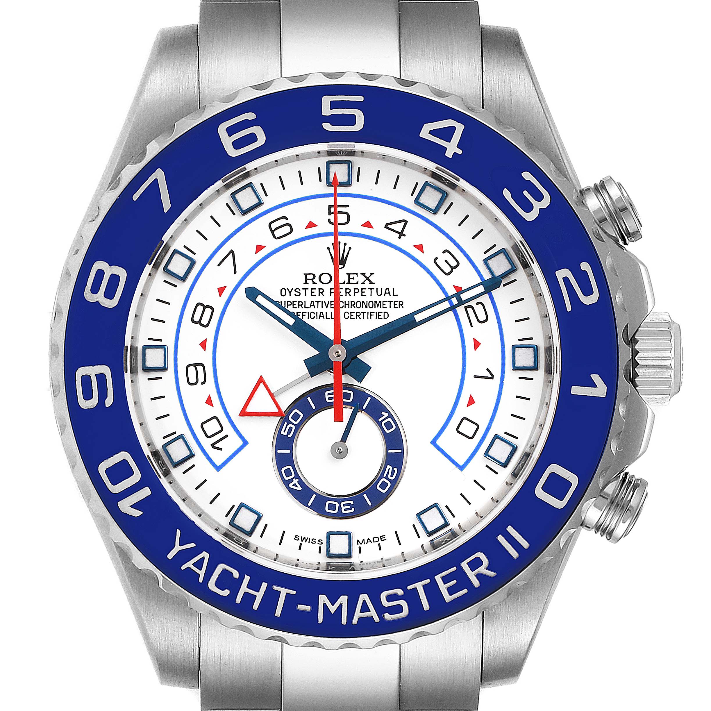 This image shows a Rolex Yacht-Master 116680 Men's Stainless Steel White Dial 116680 Men's Stainless Steel White Dial II watch from a front angle, highlighting the dial, bezel, and crown.