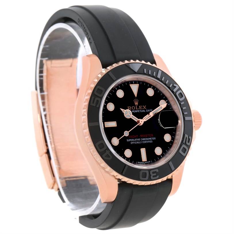 This image shows a side and front angle of the Rolex Yacht-Master 116655 Men's Rose Gold Black Dial 116655 Men's Rose Gold Black Dial watch, highlighting the bezel, dial, case, and strap.