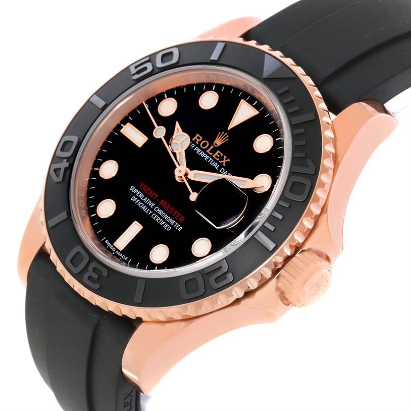 This Rolex Yacht-Master 116655 Men's Rose Gold Black Dial 116655 Men's Rose Gold Black Dial watch is shown at a slight tilted angle, displaying the bezel, dial, crown, and part of the strap.