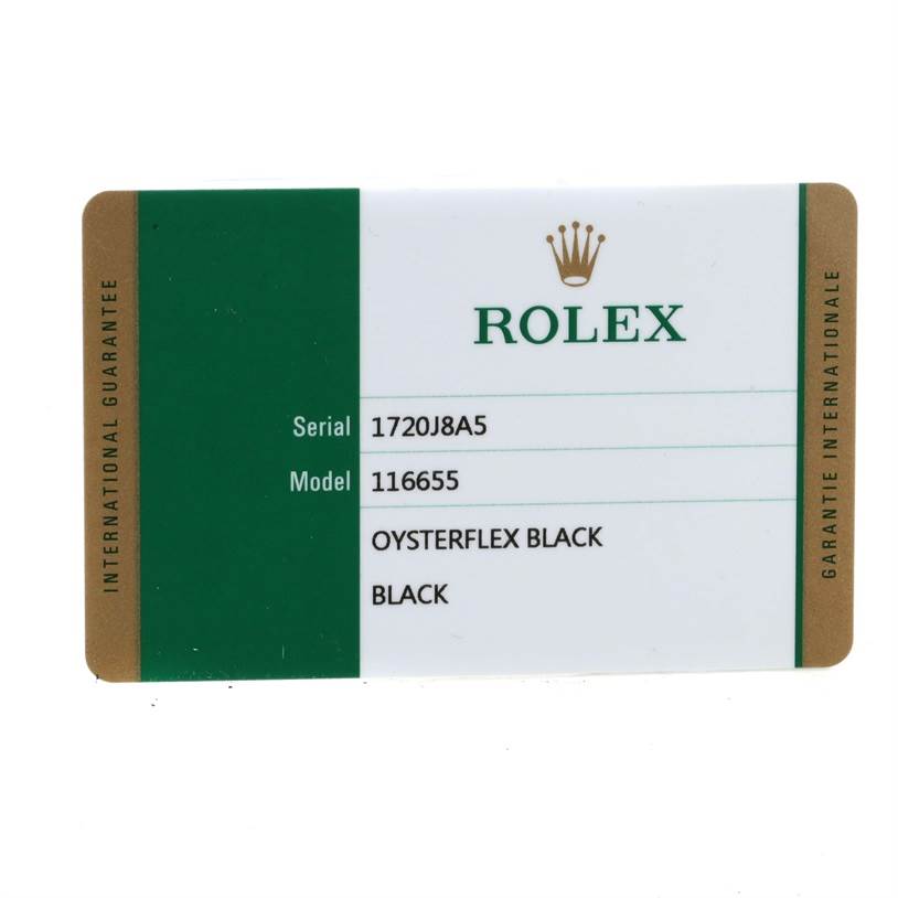 The image shows a Rolex warranty card for the Yacht-Master model with serial number 1720J8A5 and model number 116655.