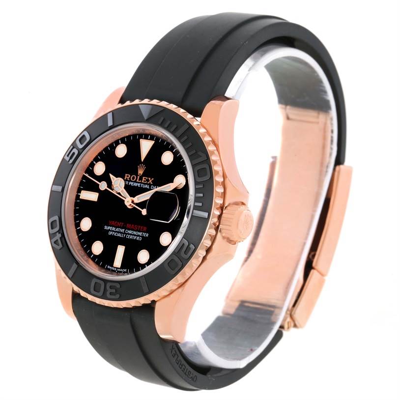 The Rolex Yacht-Master 116655 Men's Rose Gold Black Dial 116655 Men's Rose Gold Black Dial watch is shown at a slight angle, displaying the bezel, dial, crown, and part of the strap.