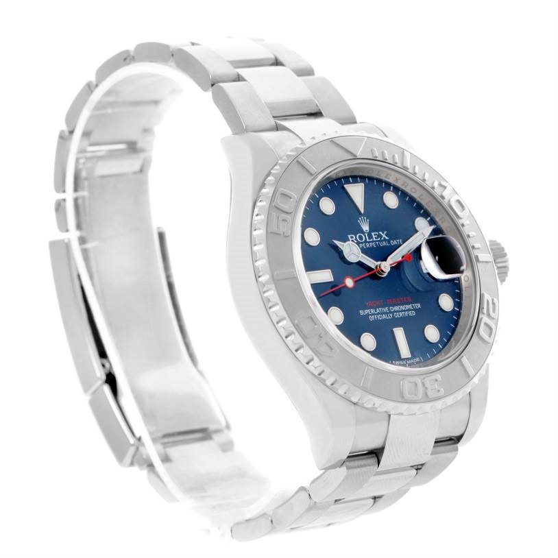 The Rolex Yacht-Master 116622 Men's Stainless Steel Blue Dial 116622 Men's Stainless Steel Blue Dial watch is shown at an oblique angle highlighting its face, bezel, crown, case, and bracelet.