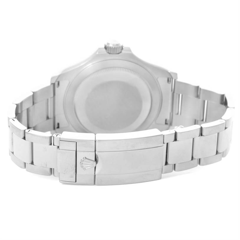 The image shows the Rolex Yacht-Master 116622 Men's Stainless Steel Blue Dial 116622 Men's Stainless Steel Blue Dial watch from the back, focusing on its clasp and bracelet.