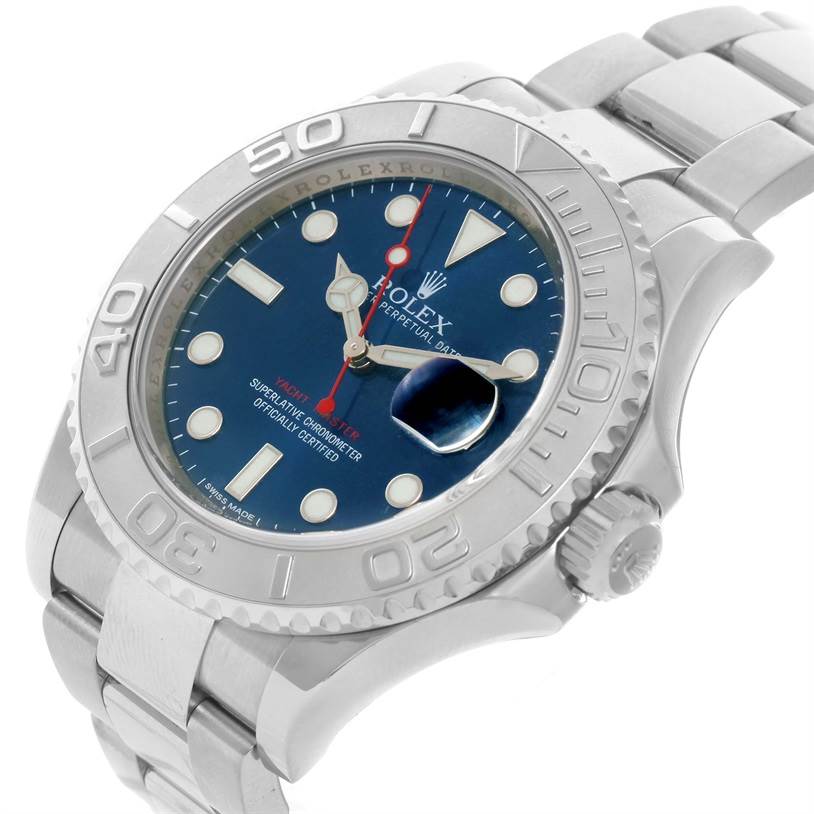 This image shows a Rolex Yacht-Master 116622 Men's Stainless Steel Blue Dial 116622 Men's Stainless Steel Blue Dial watch at an angle highlighting its dial, bezel, crown, and part of the bracelet.