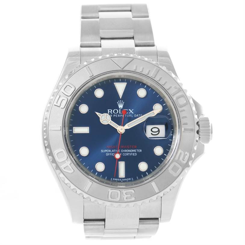 The Rolex Yacht-Master 116622 Men's Stainless Steel Blue Dial 116622 Men's Stainless Steel Blue Dial watch is shown from the front, highlighting the dial, bezel, case, and bracelet.